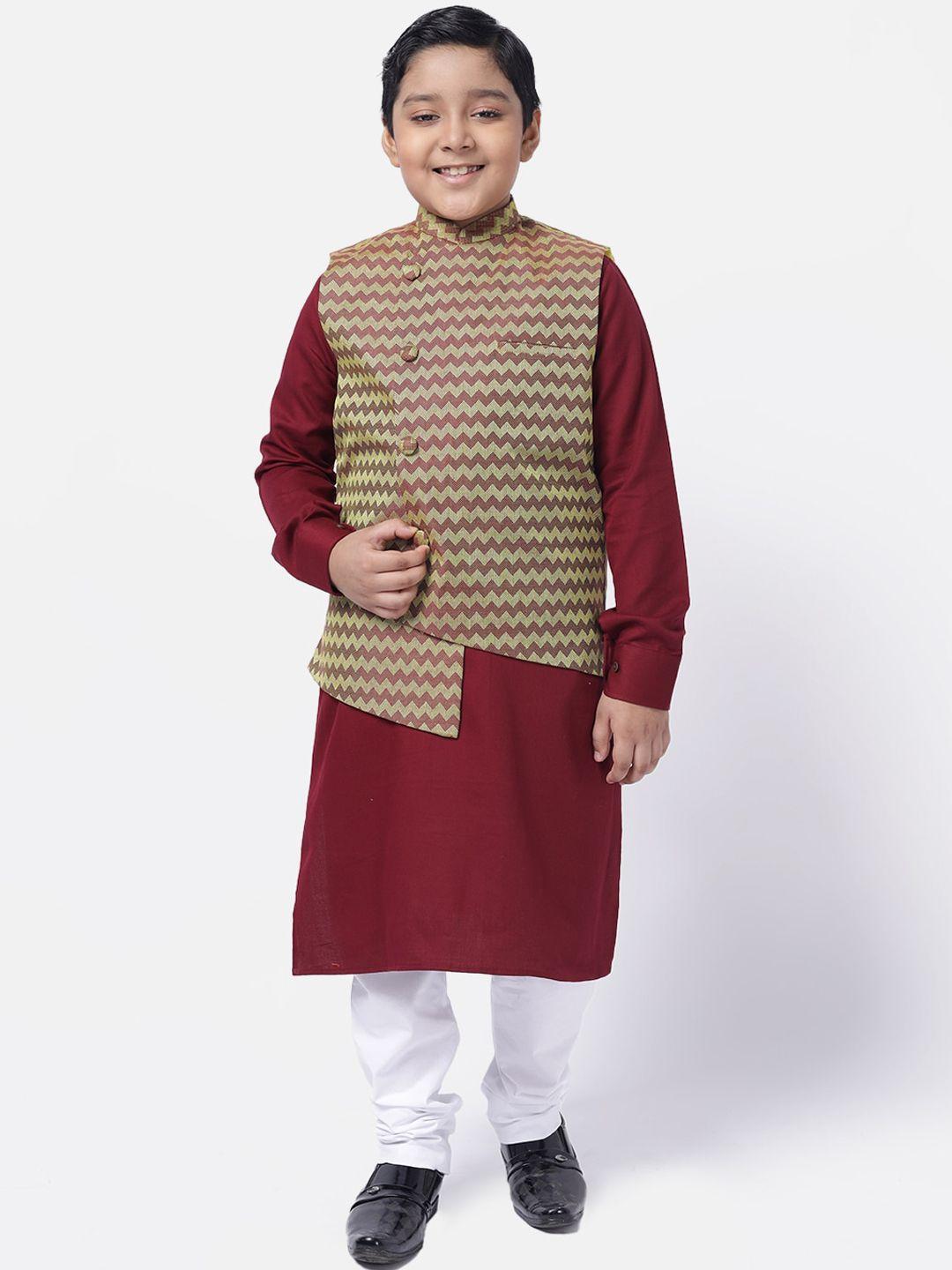 namaskar boys maroon regular pure cotton kurta pyjamas with jacket
