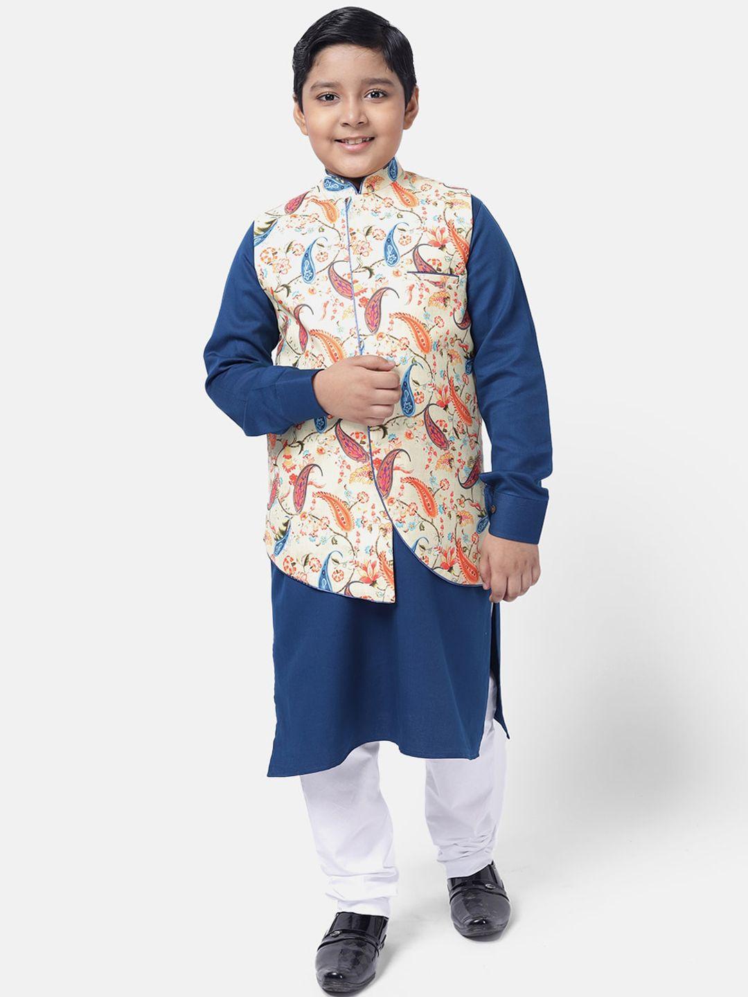 namaskar boys navy blue & white regular pure cotton kurta with churidar & jacket
