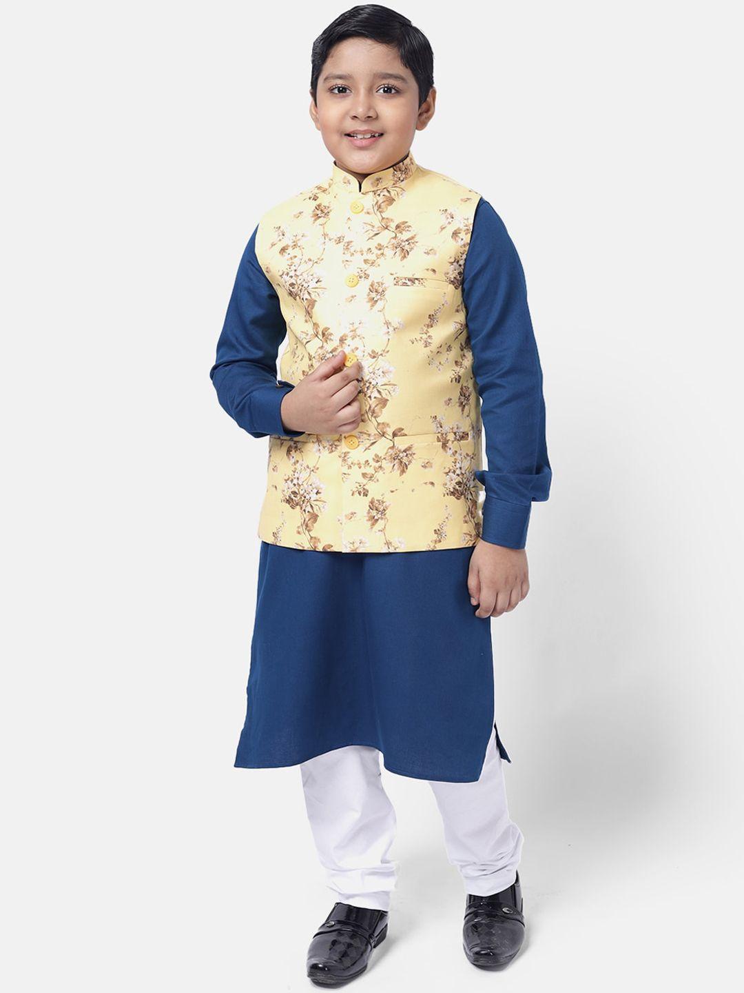 namaskar boys navy blue & white regular pure cotton kurta with churidar & nehru jacket