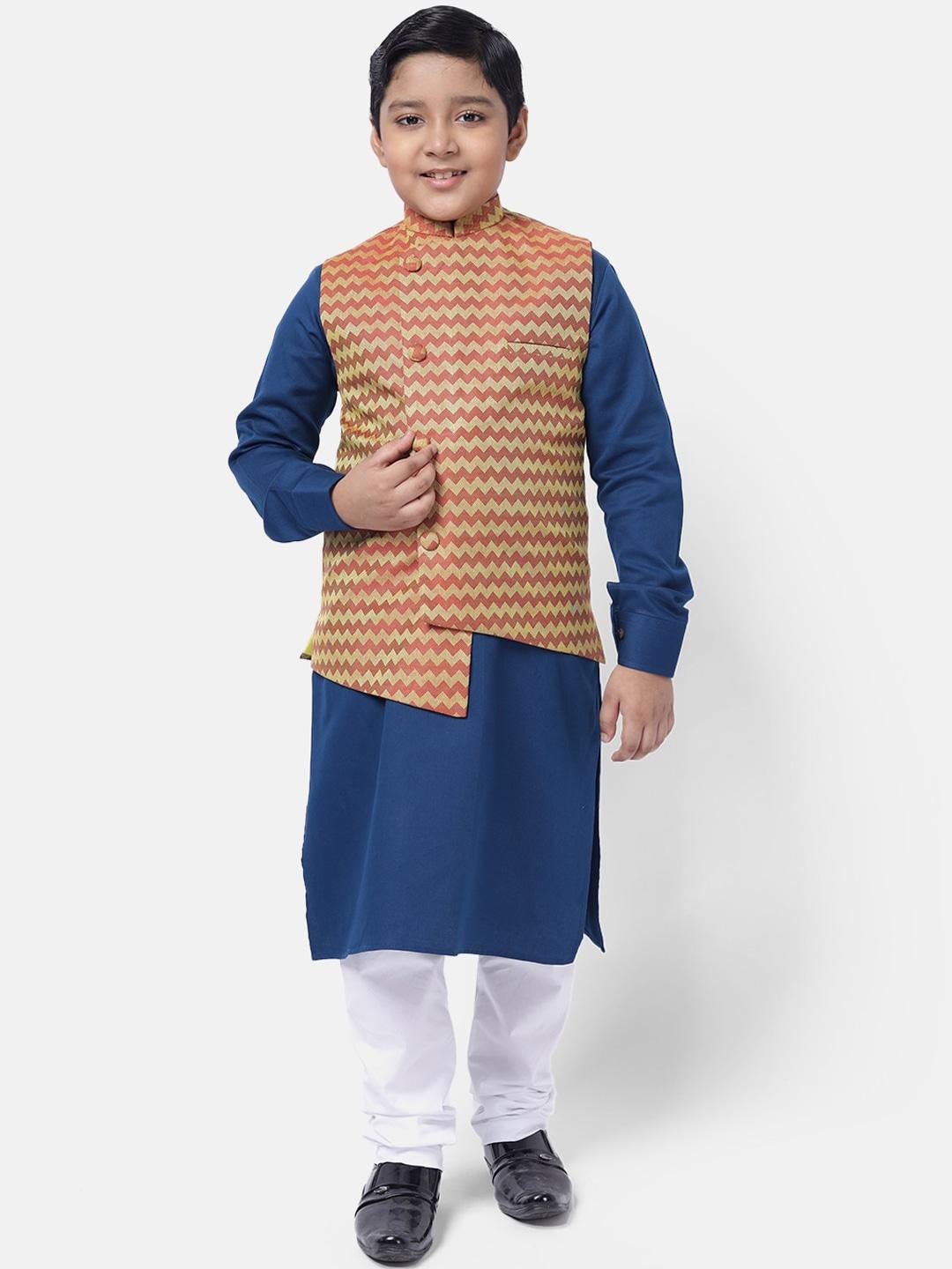 namaskar boys navy blue printed regular pure cotton kurta with churidar & nehru jacket