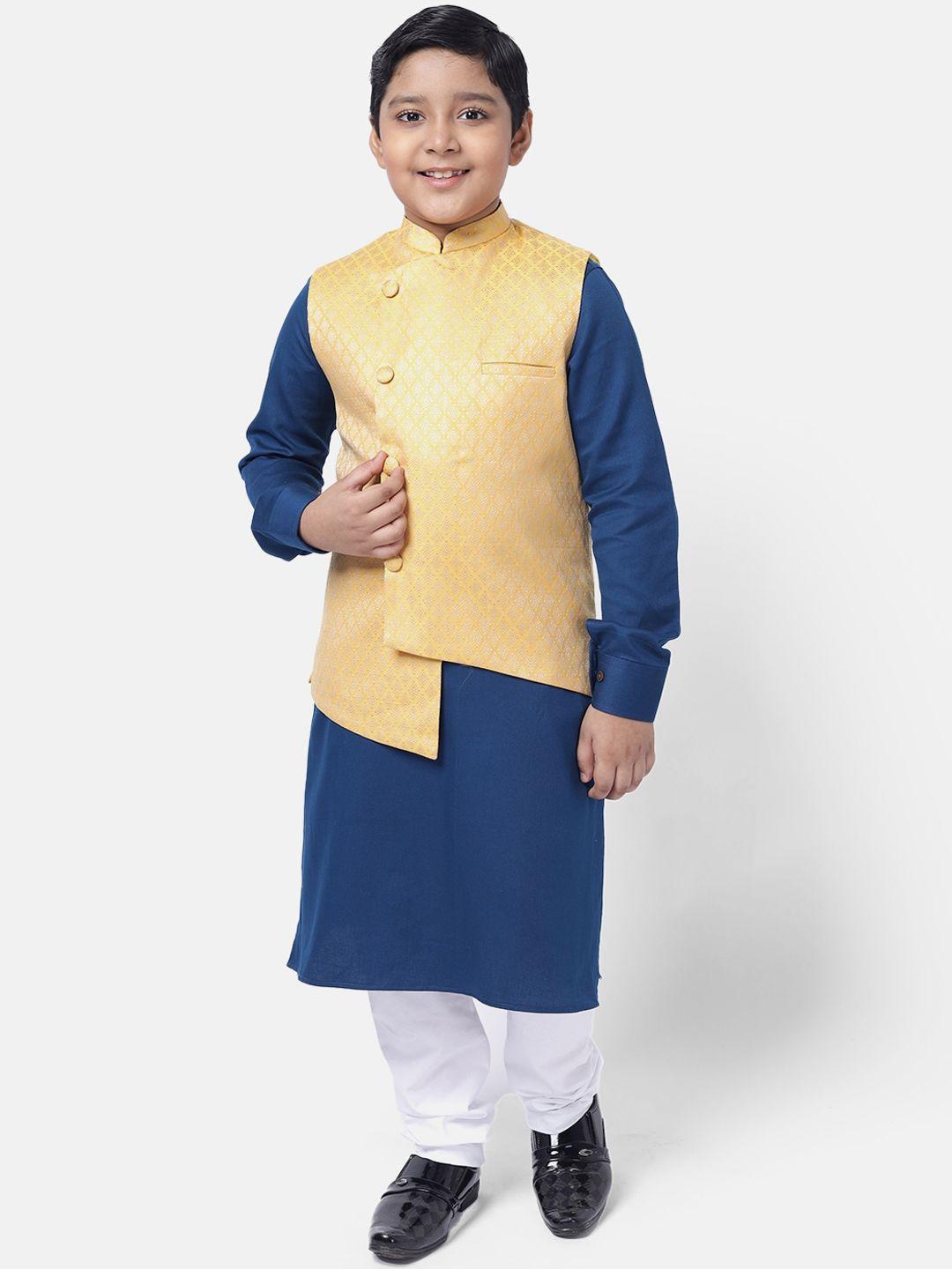 namaskar boys navy blue woven designed pure cotton kurta with churidar & nehru jacket