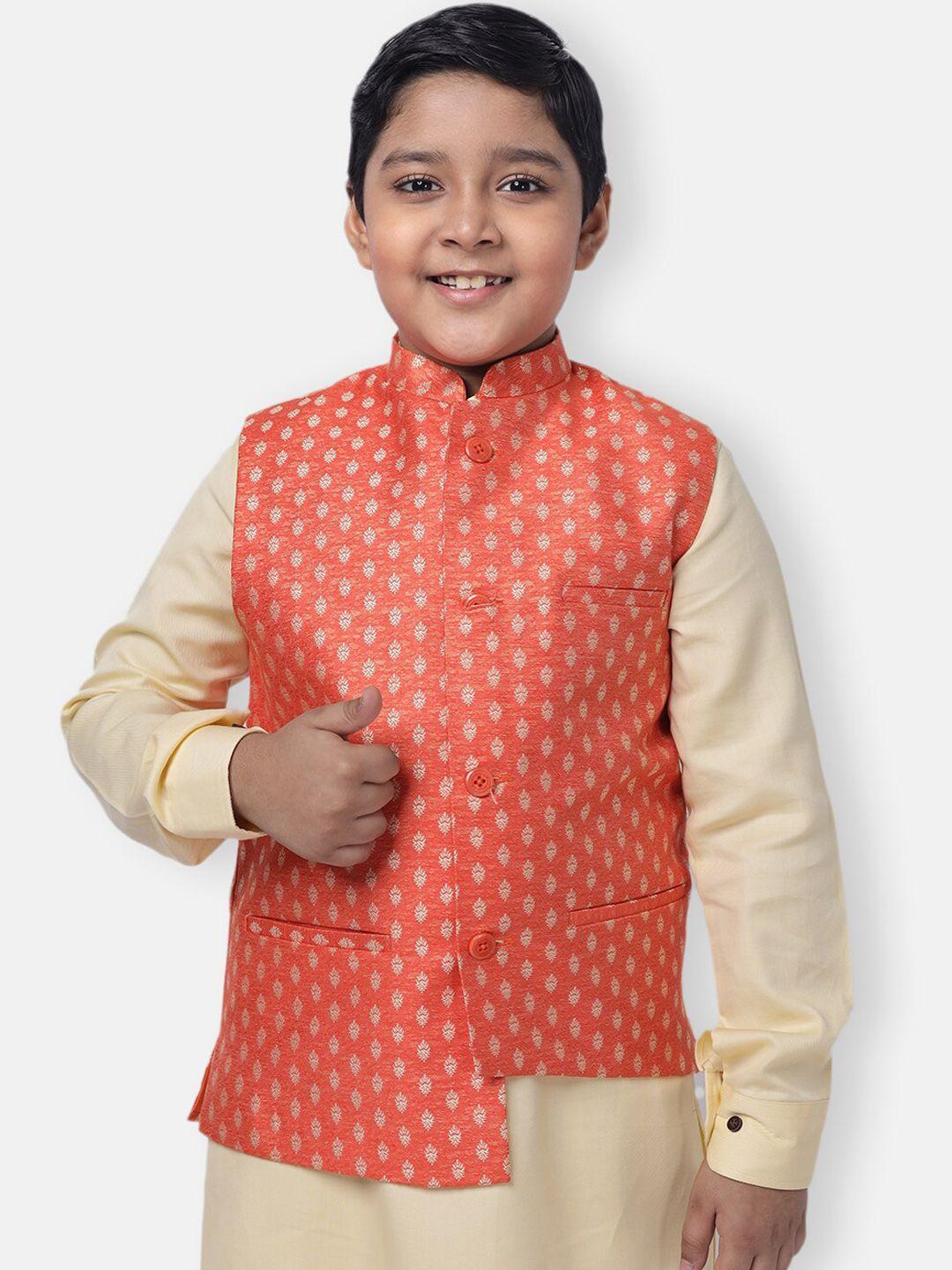 namaskar boys orange & cream-coloured printed woven nehru jacket