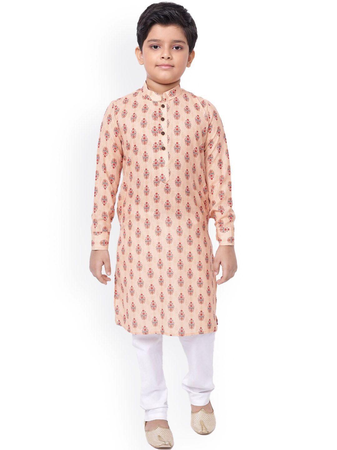 namaskar boys peach-coloured printed pure cotton kurta with churidar