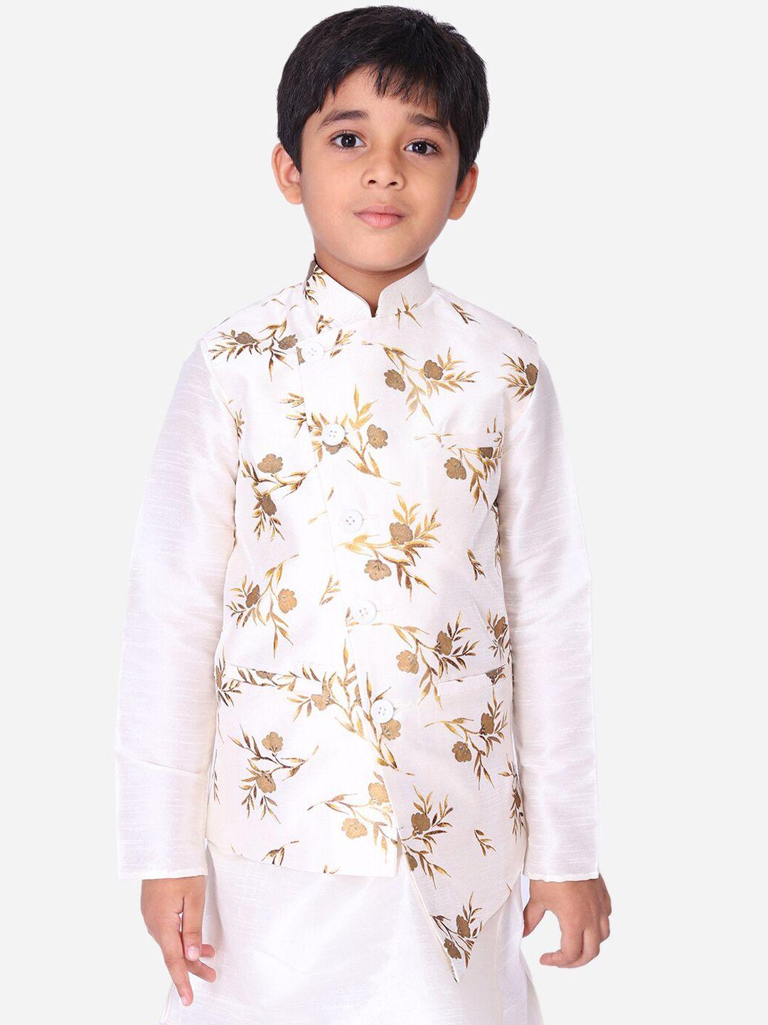 namaskar boys white floral printed silk nehru jacket