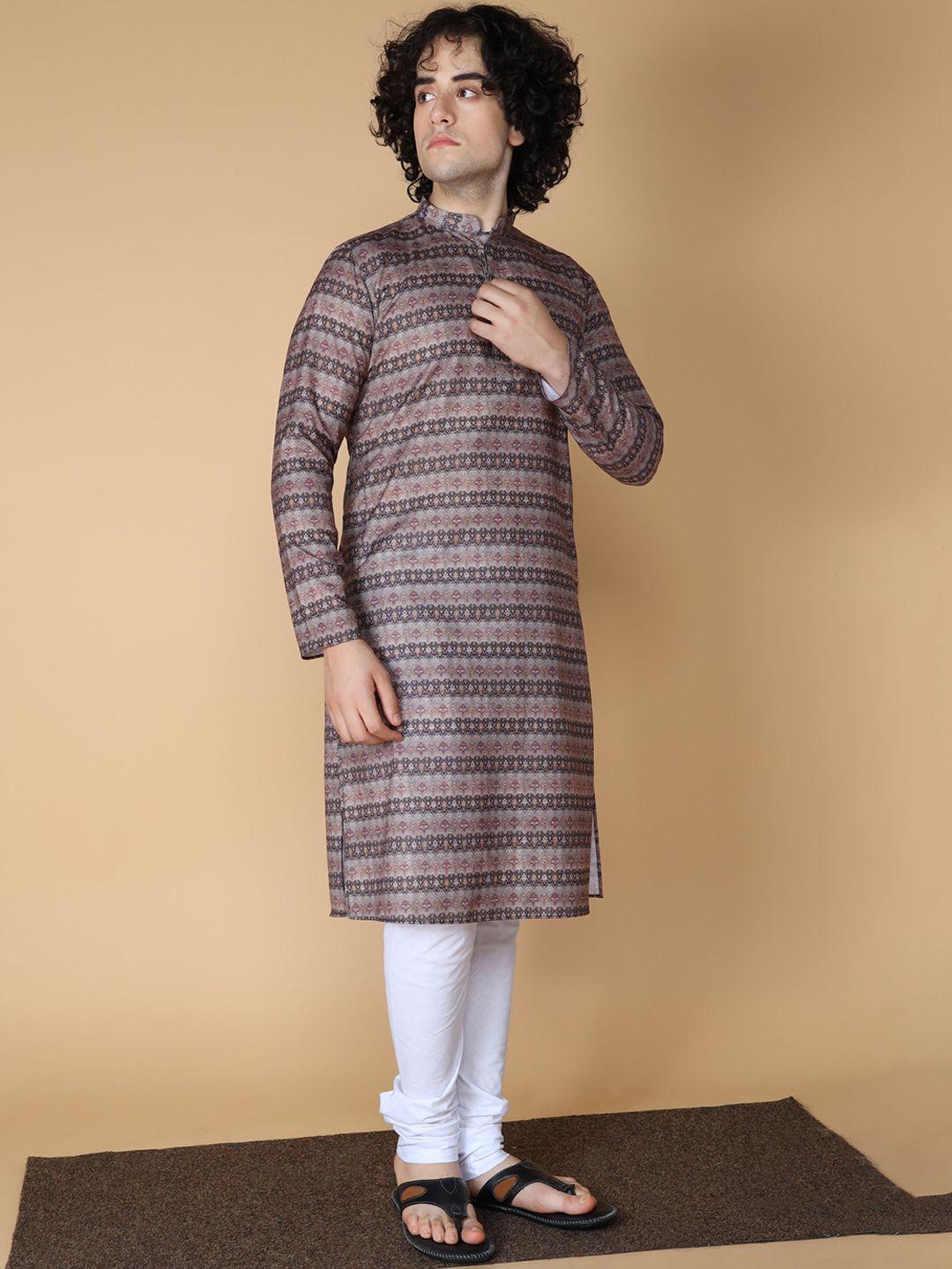 namaskar ethnic motifs printed band collar pure cotton kurta with churidar