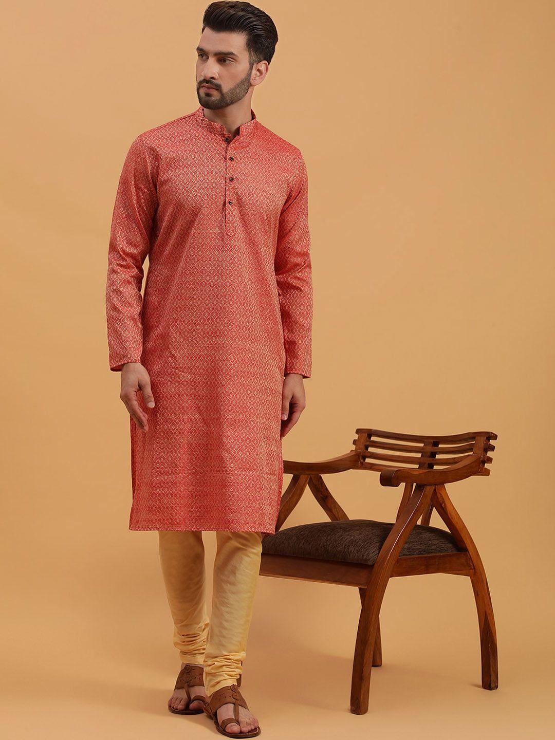 namaskar ethnic motifs woven design mandarin collar silk straight kurta