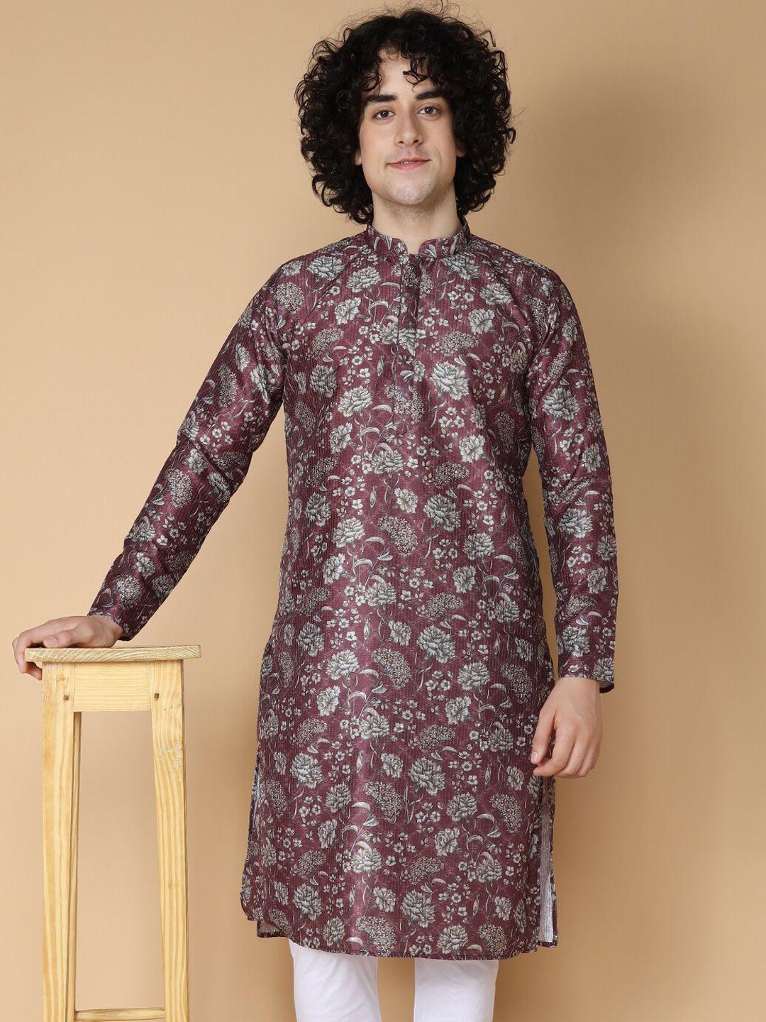 namaskar floral printed mandarin collar silk kurta