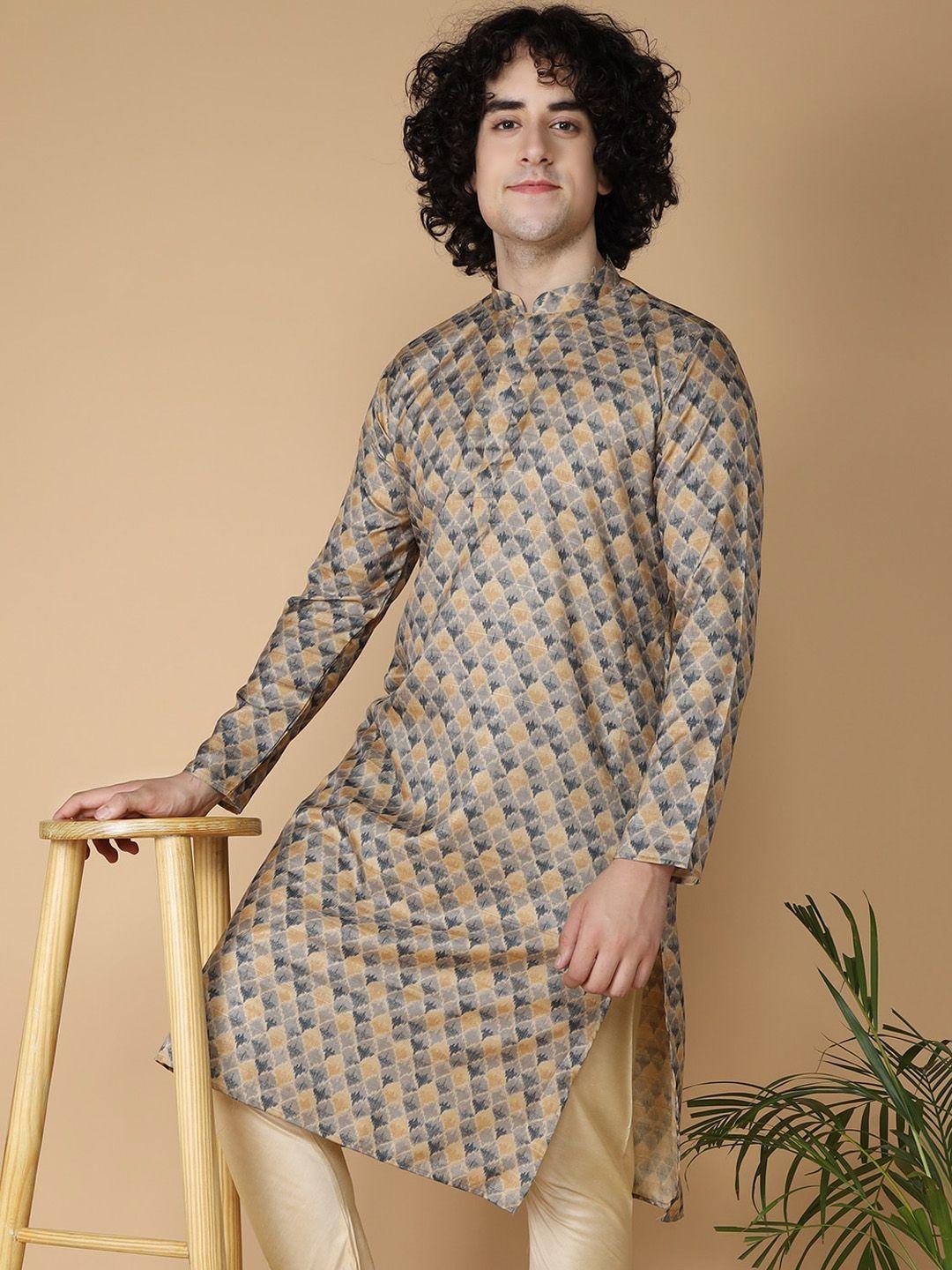 namaskar geometric printed mandarin collar silk kurta