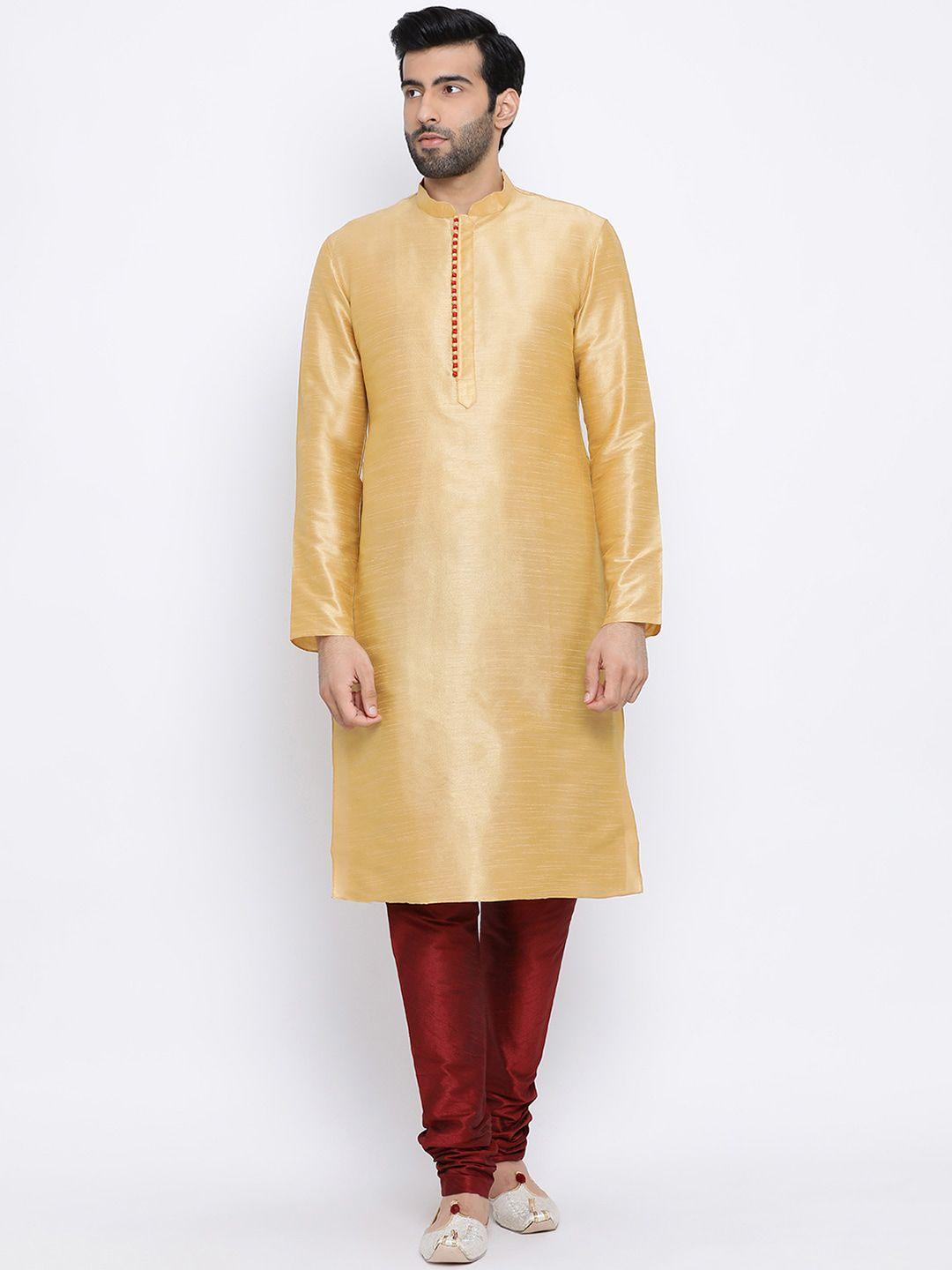 namaskar men beige mandarin collar woven design kurta