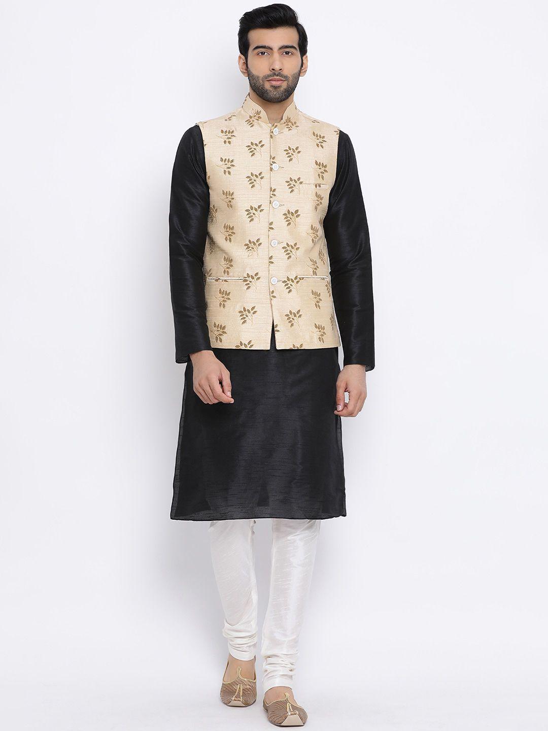 namaskar men black & off-white solid kurta with churidar & nehru jacket