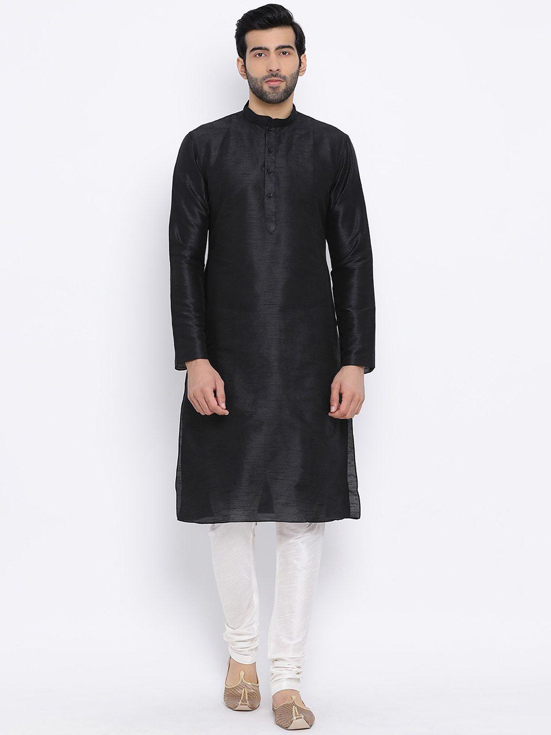 namaskar men black & white solid kurta with churidar