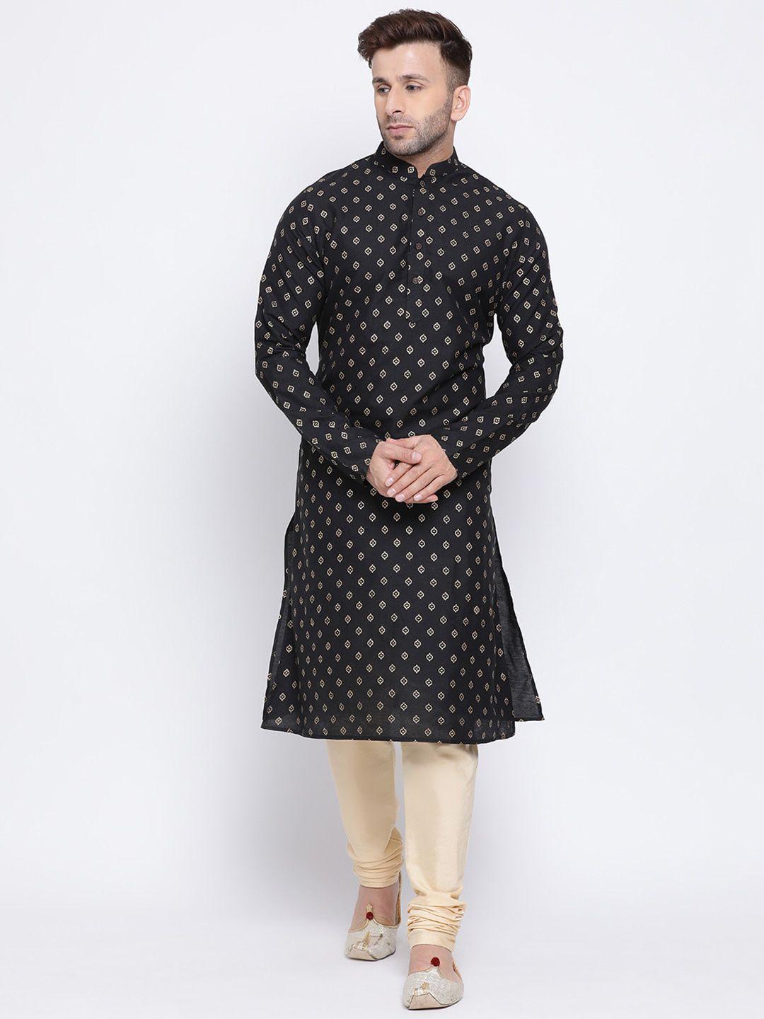 namaskar men black cotton blend printed kurta