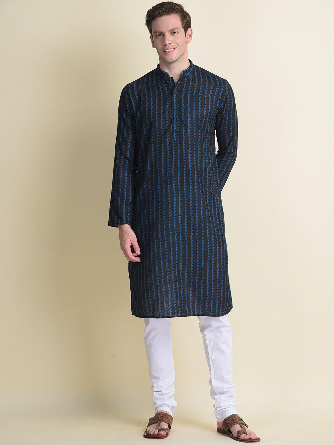 namaskar men black cotton printed kurta