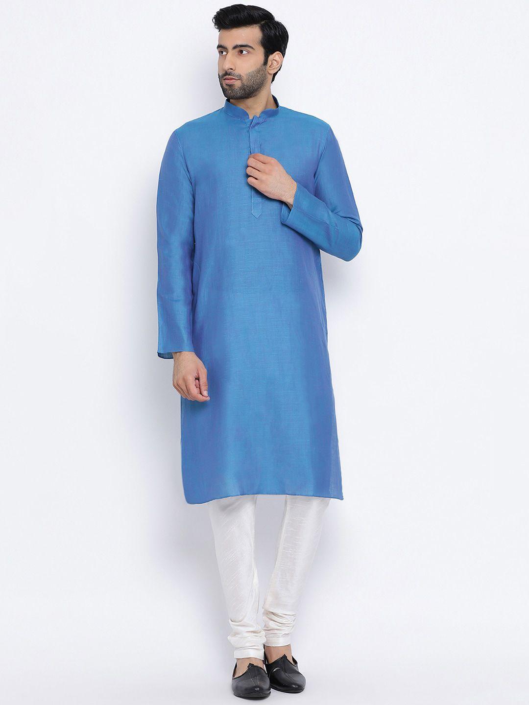 namaskar men blue cotton linen solid regular kurta