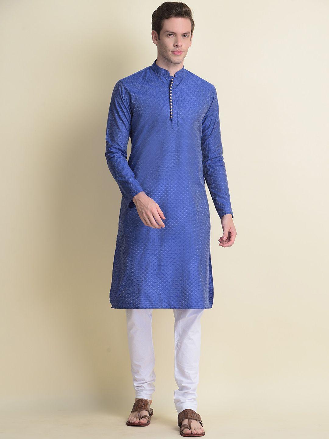 namaskar men blue cotton printed kurta