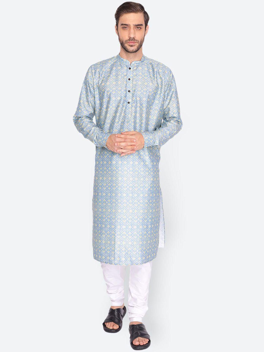 namaskar men blue geometric striped thread work pathani kurta