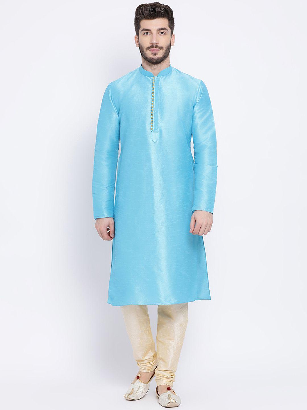 namaskar men blue solid dupion silk straight kurta