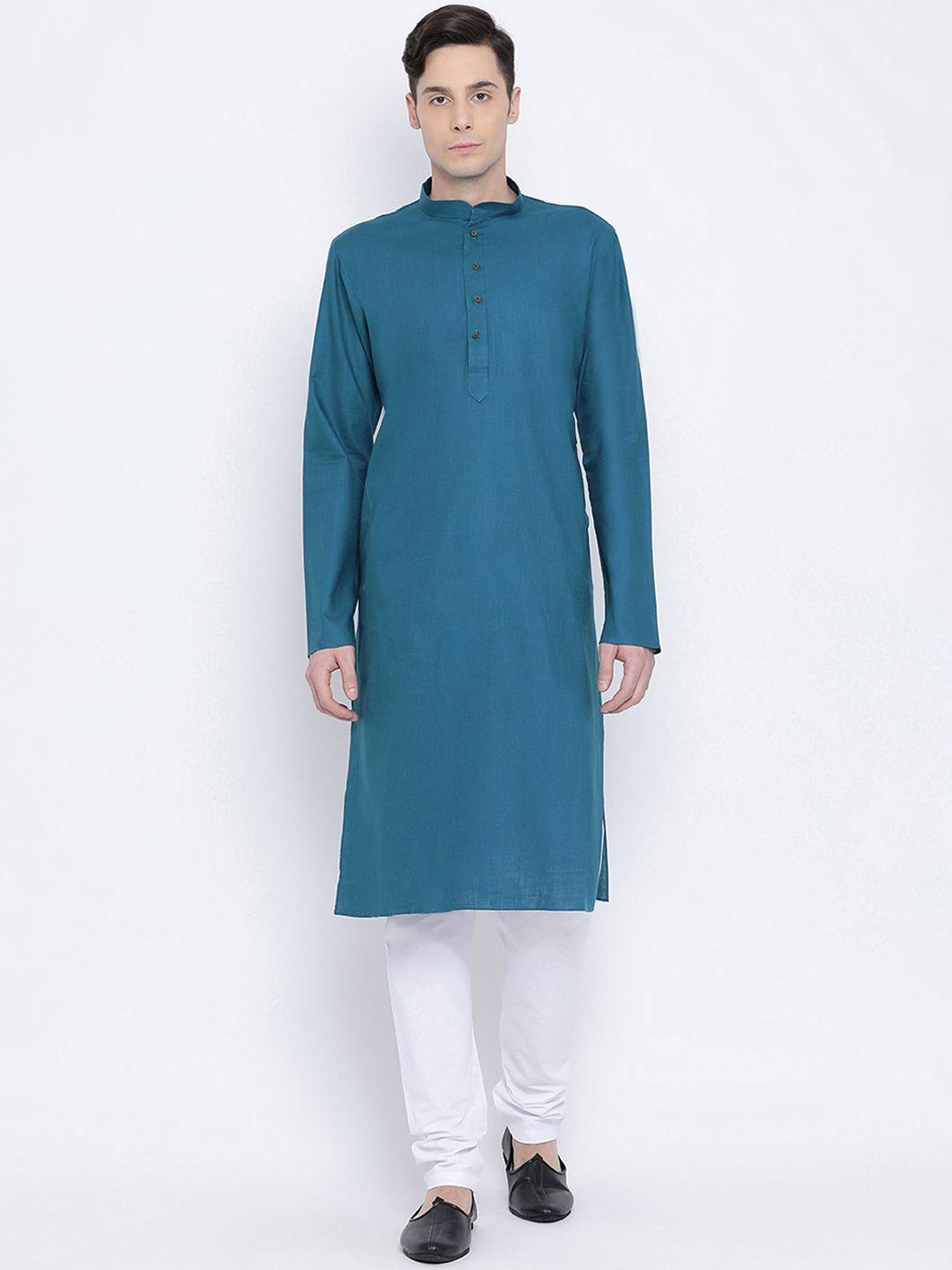 namaskar men blue solid straight kurta