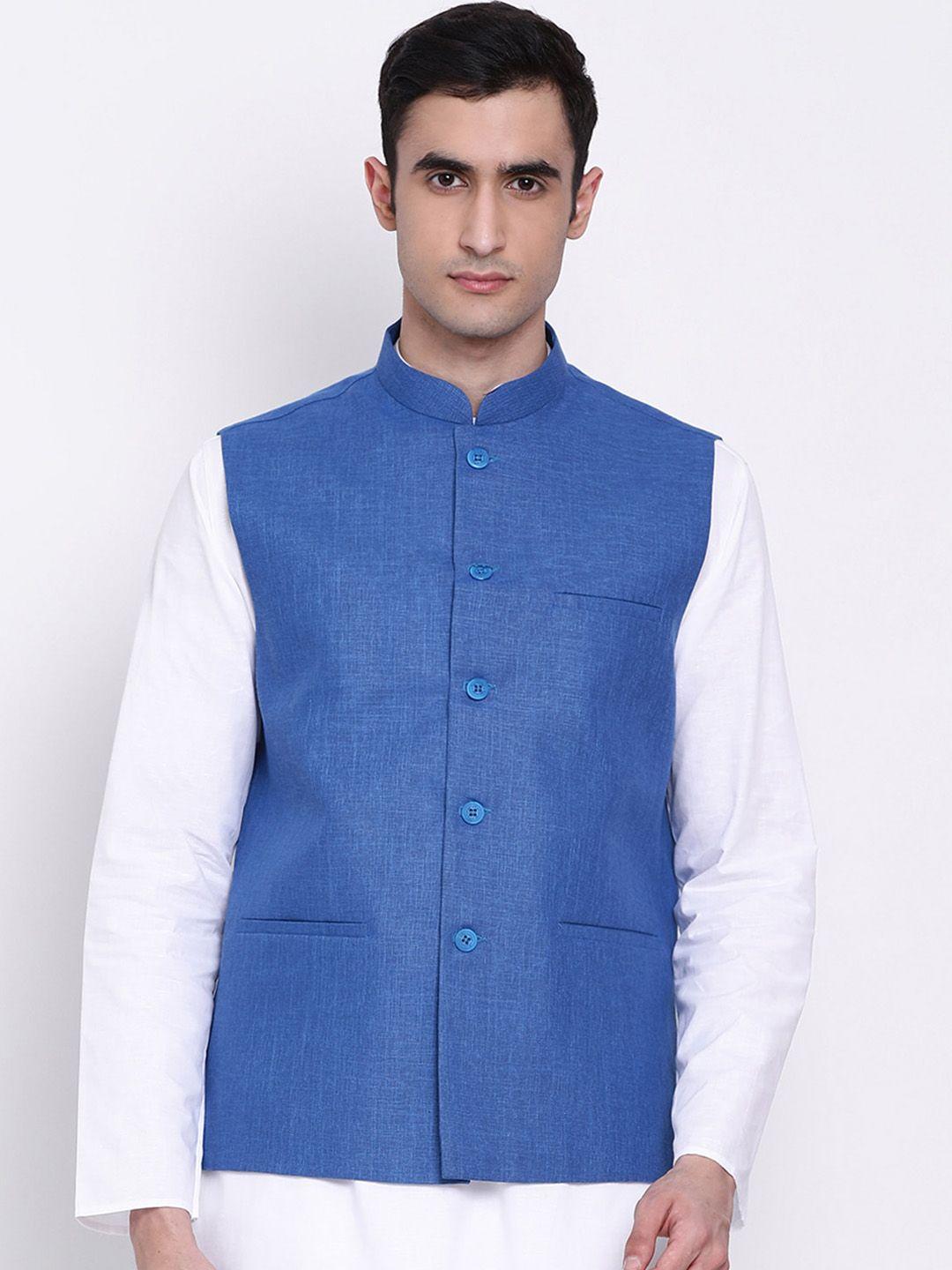 namaskar men blue woven-design nehru jacket