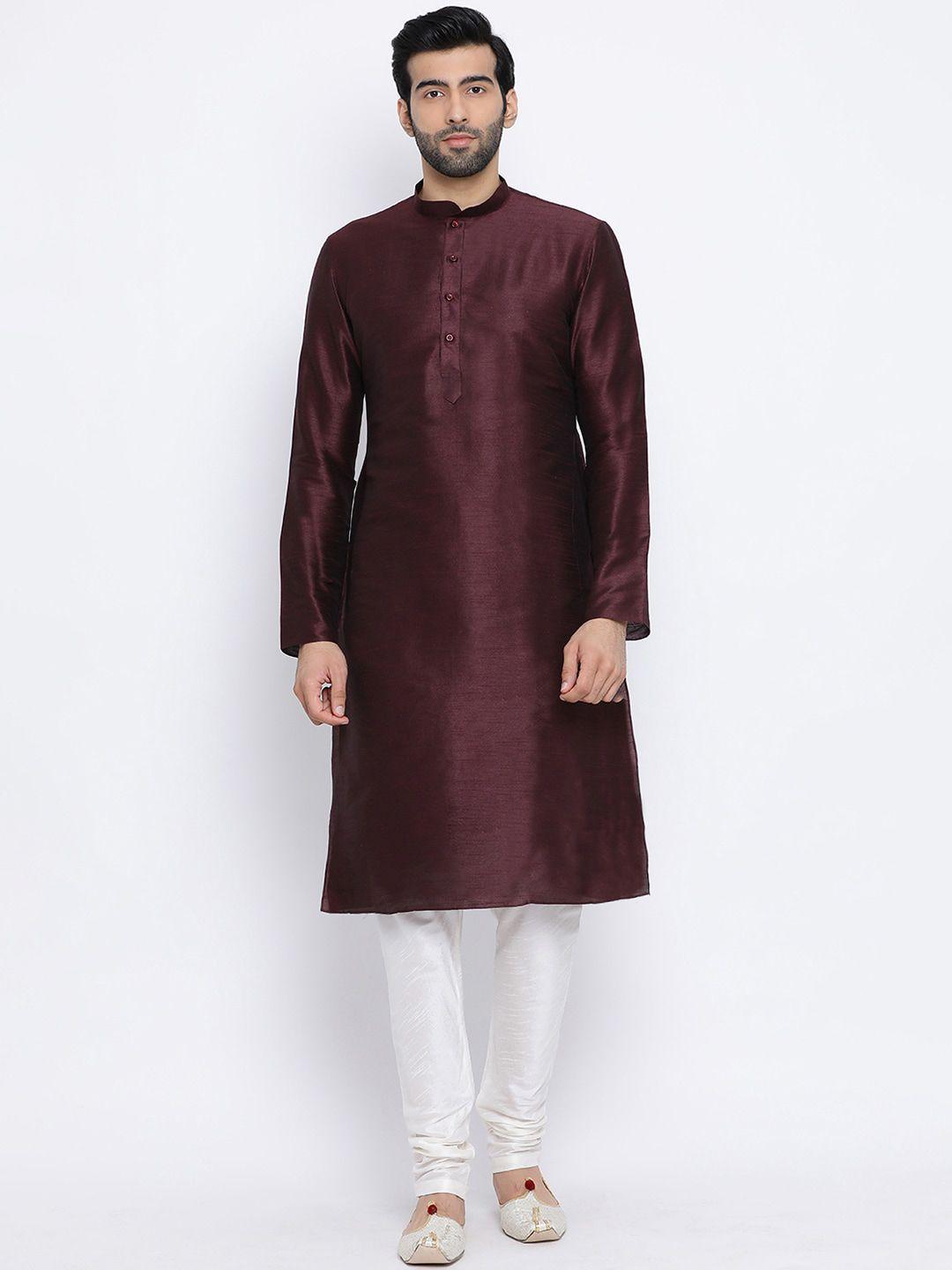 namaskar men brown & off-white solid kurta with churidar