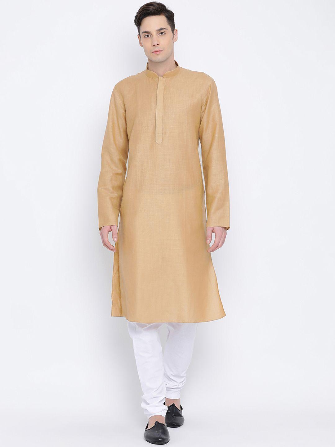 namaskar men brown & white solid kurta with churidar