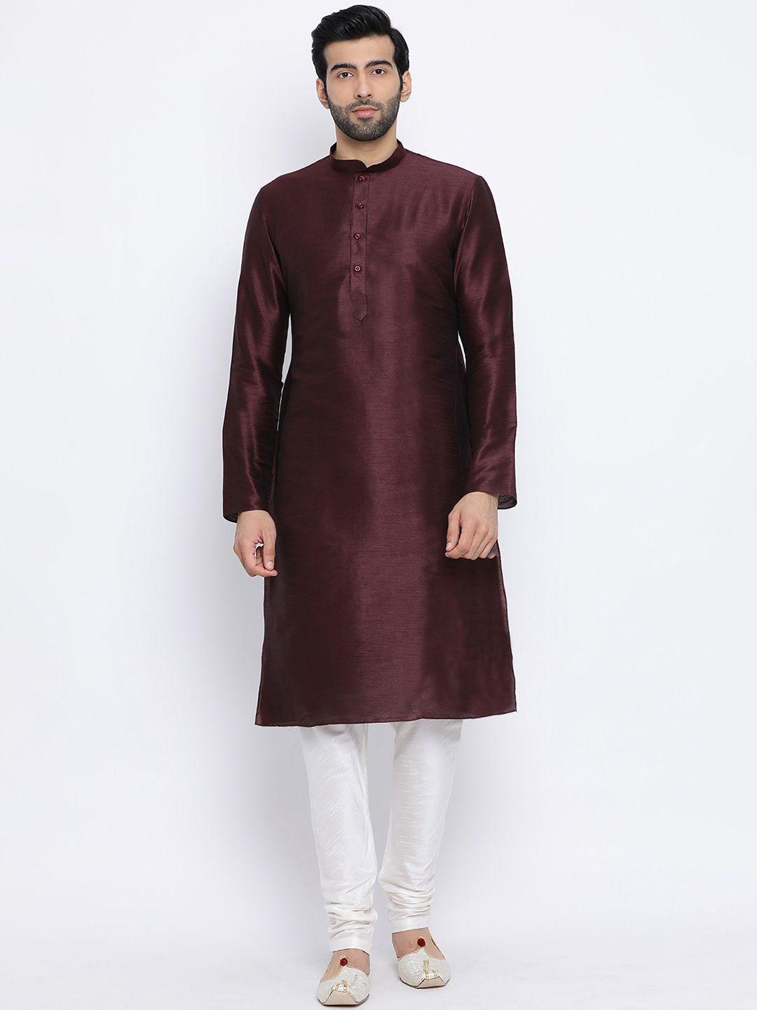 namaskar men brown dupion silk solid kurta