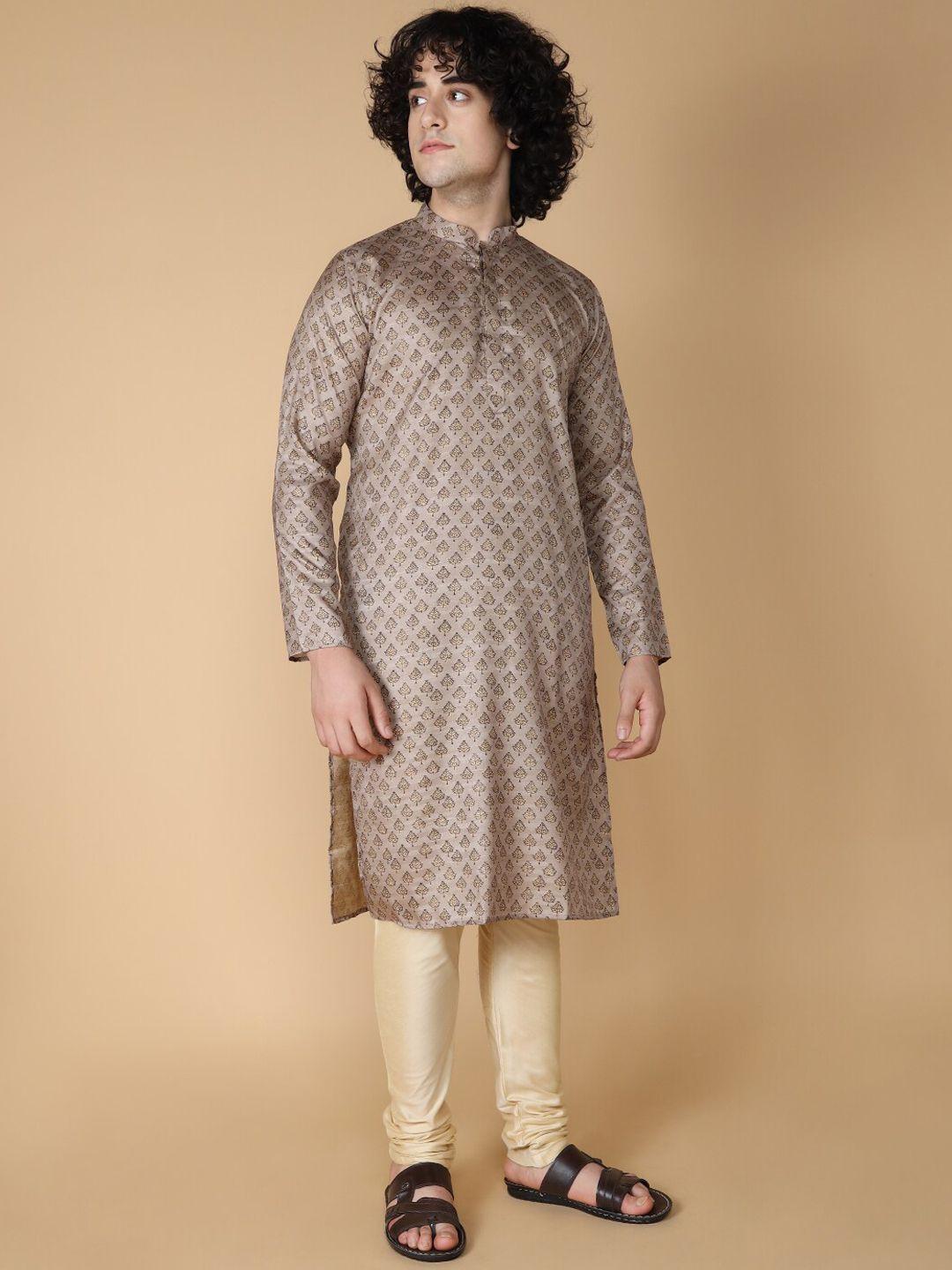 namaskar men brown printed regular pure silk kurta with churidar