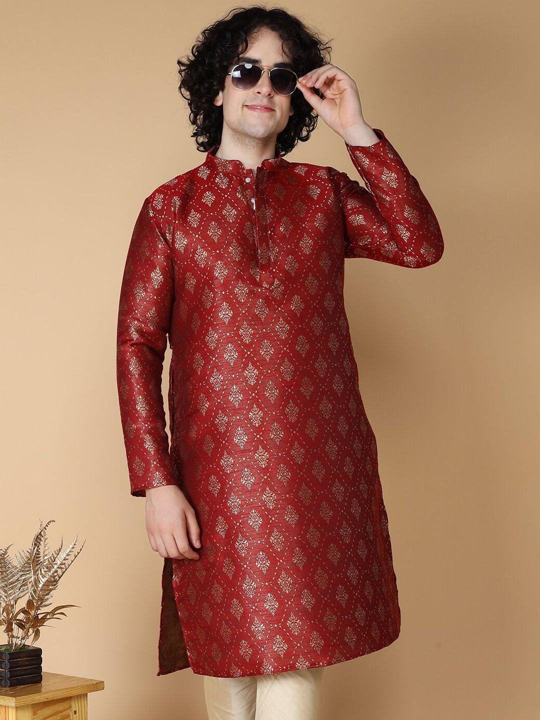 namaskar men ethnic motifs band collar long sleeves kurta