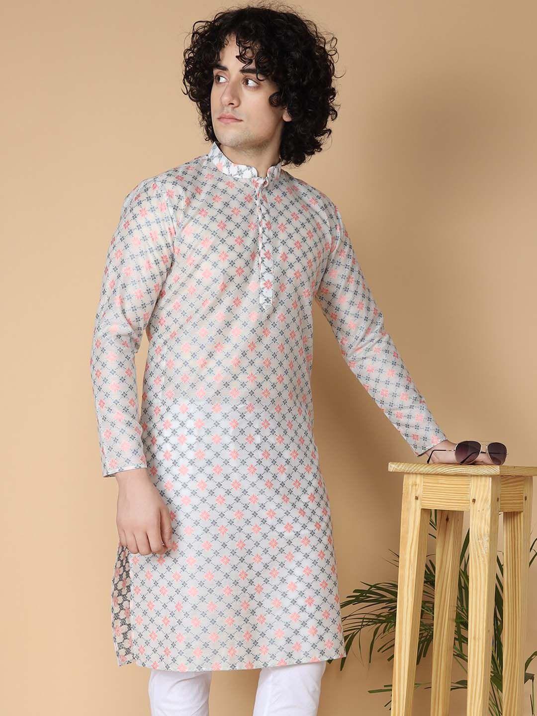 namaskar men floral printed band collar long sleeves cotton kurta