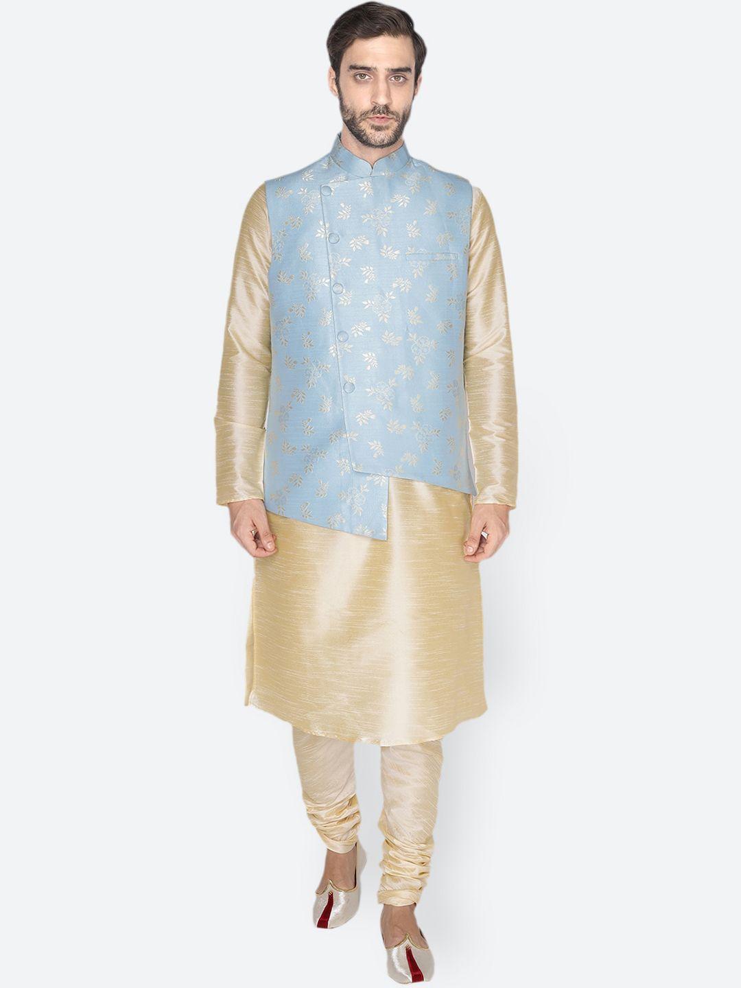 namaskar men gold-toned & blue layered dupion silk kurta with pyjamas & nehru jacket