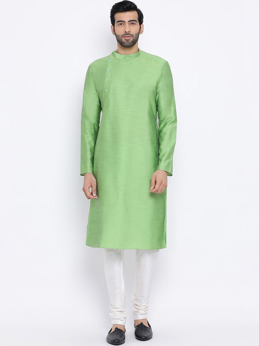 namaskar men green & off-white solid kurta with churidar