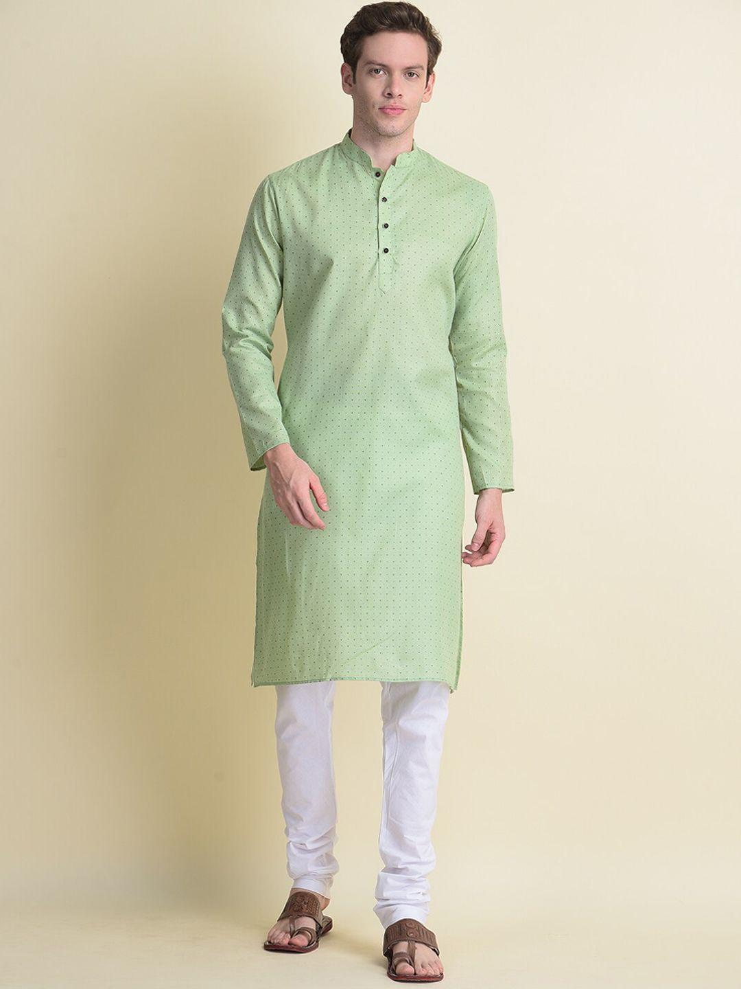 namaskar men green cotton printed kurta