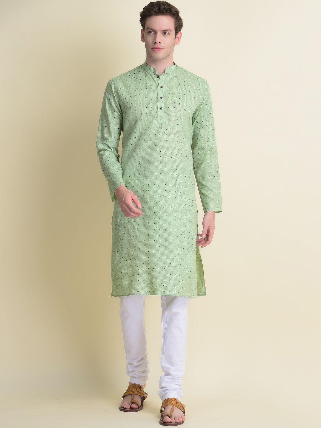 namaskar men green cotton printed kurta