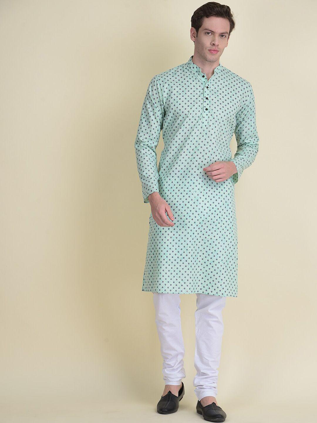 namaskar men green cotton printed kurta