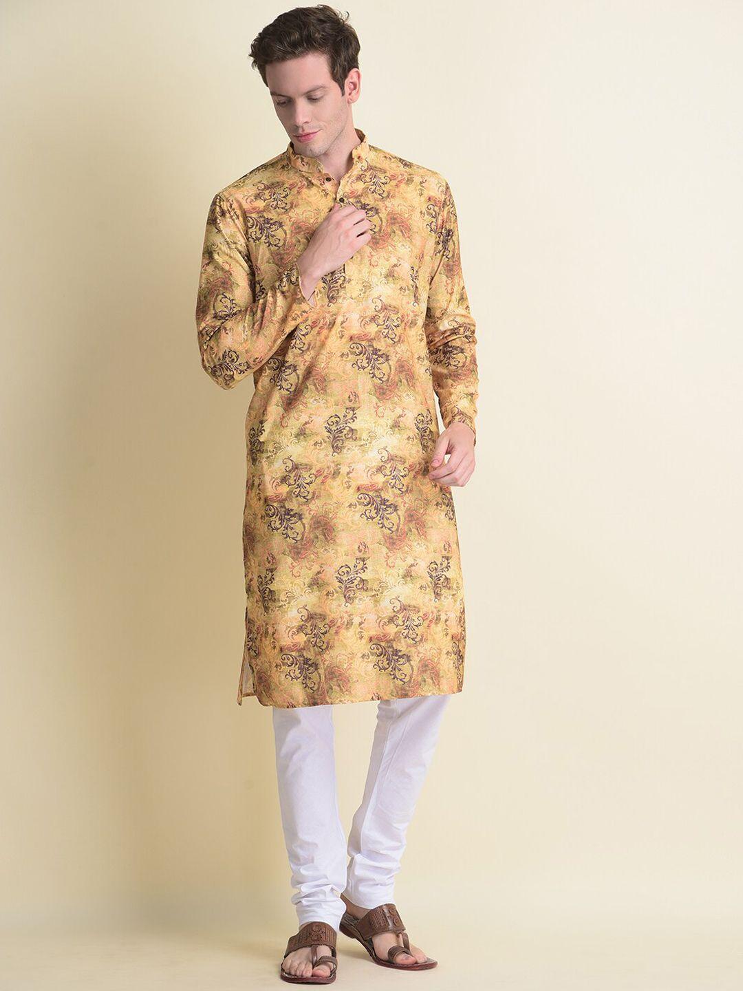 namaskar men green cotton printed kurta