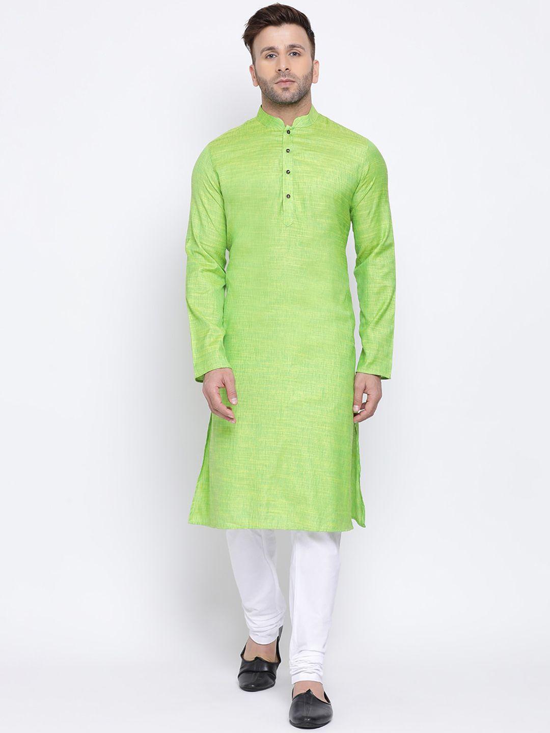 namaskar men green cotton solid kurta