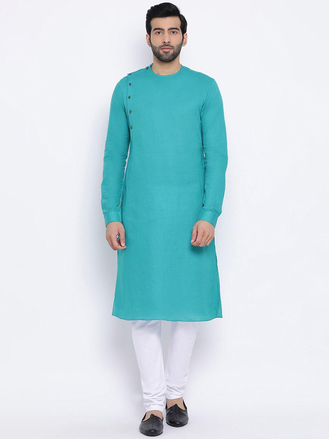 namaskar men green cotton solid kurta