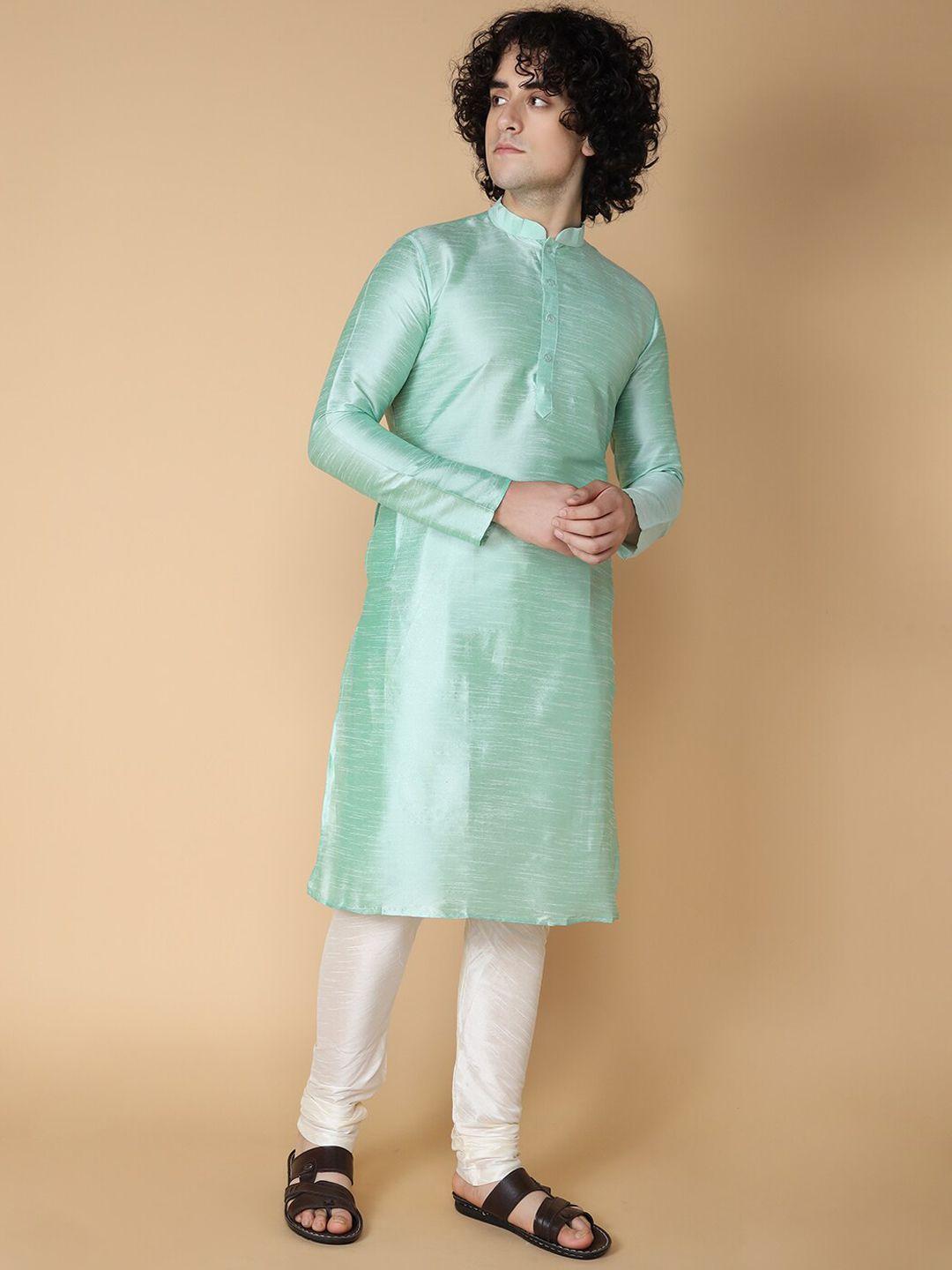 namaskar men green regular dupion silk kurta with churidar