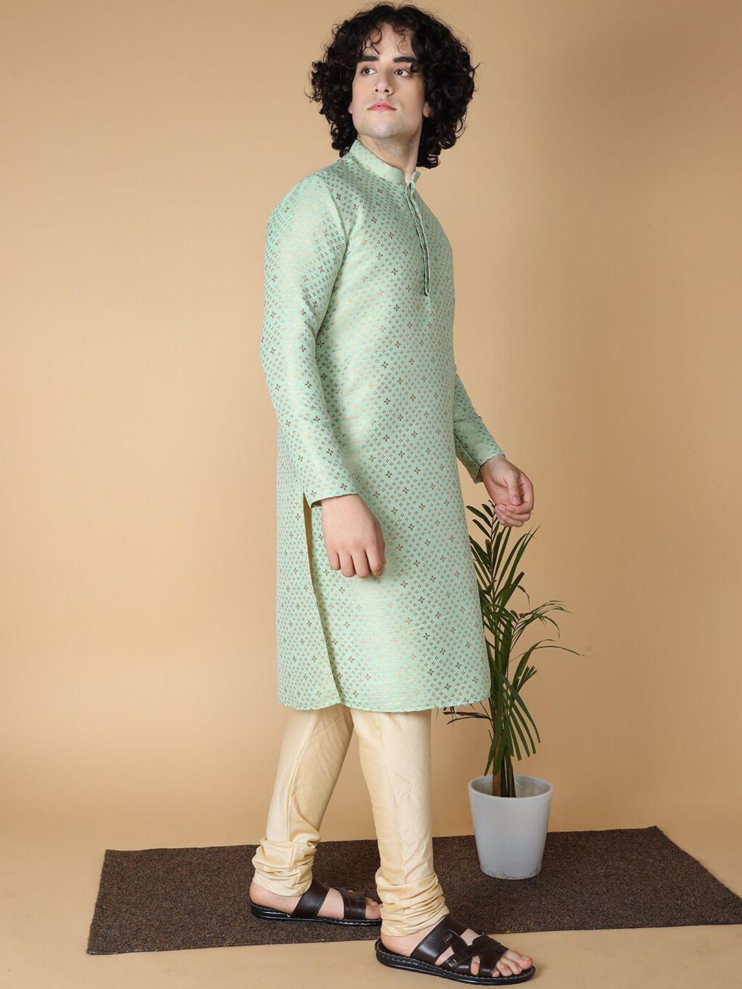 namaskar men green regular pure silk kurta with churidar