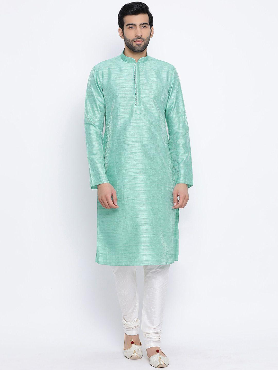 namaskar men green silk solid straight kurta