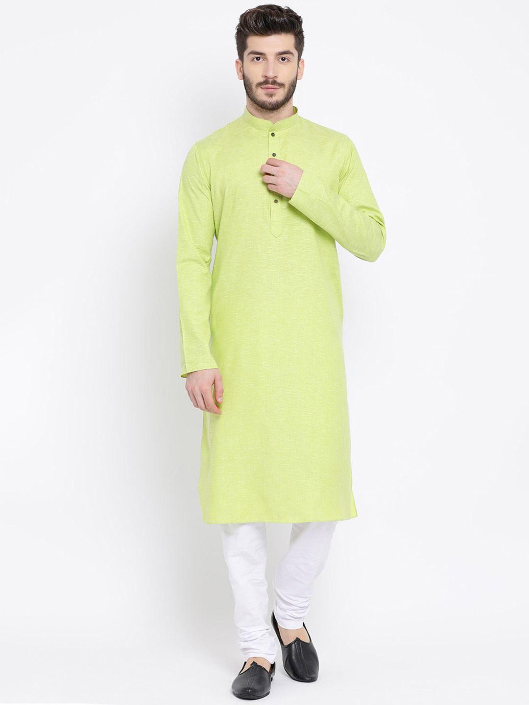 namaskar men green solid cotton kurta with churidar