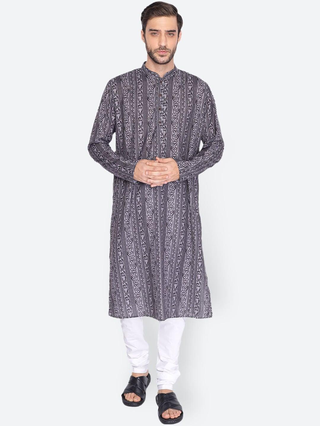 namaskar men grey printed pure cotton kurta with pyjamas