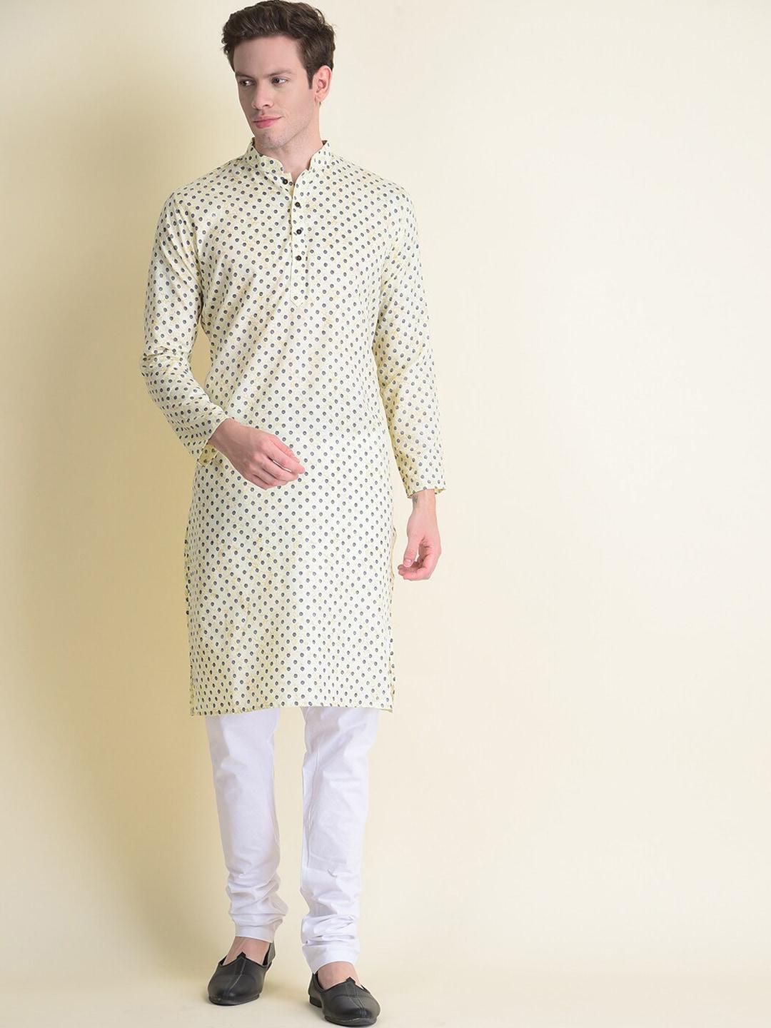 namaskar men mandarin collar printed pure cotton kurta with churidar