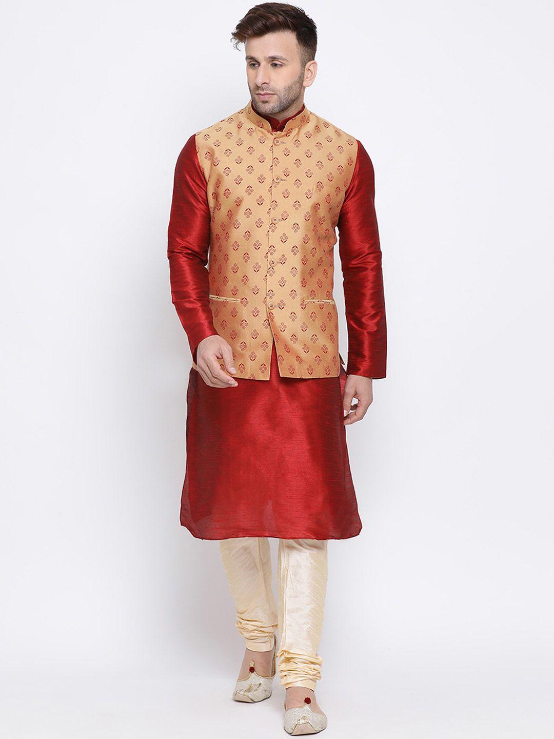 namaskar men maroon & beige self design kurta with churidar & nehru jacket