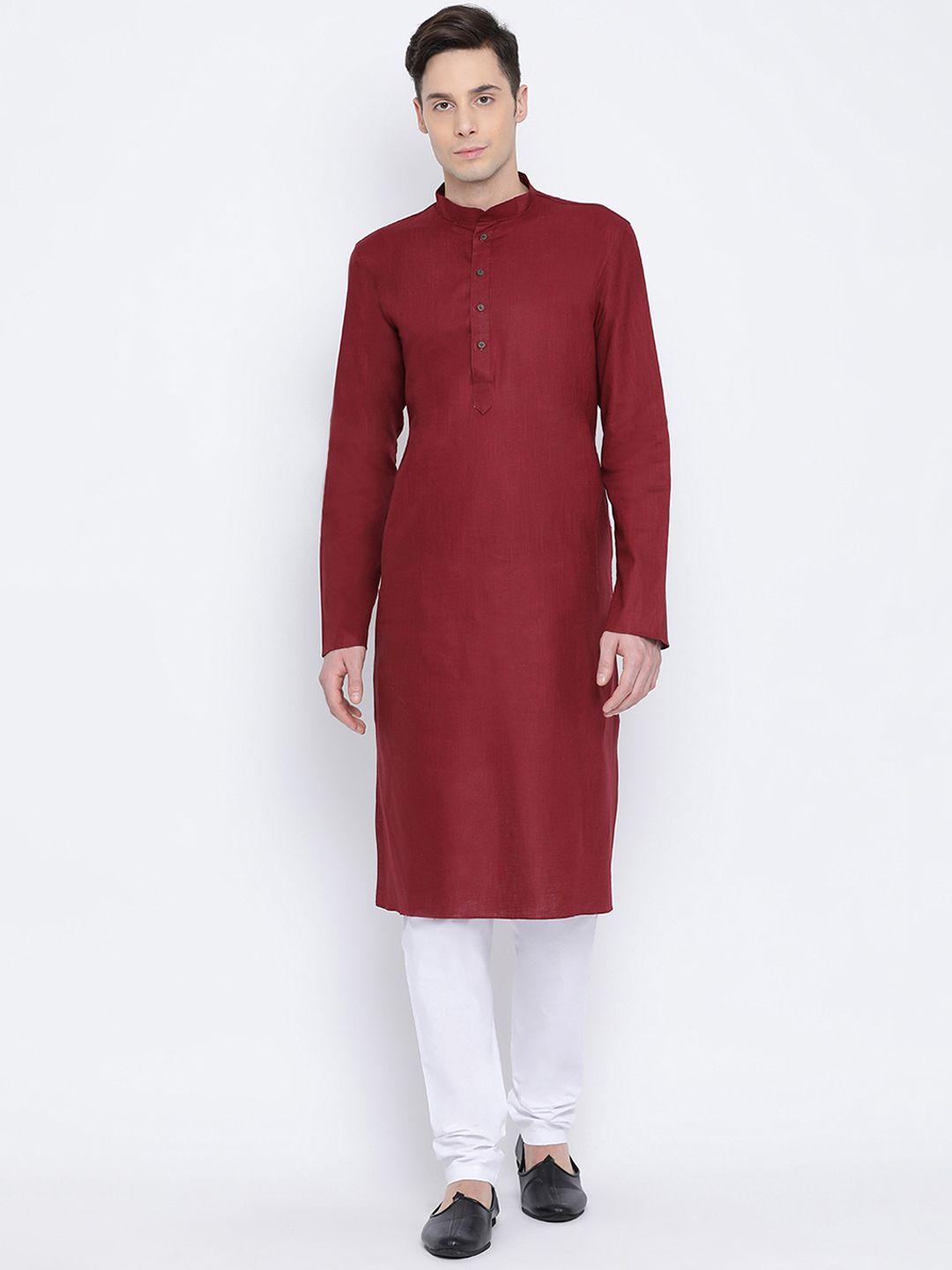 namaskar men maroon & maroon solid cotton kurta with churidar