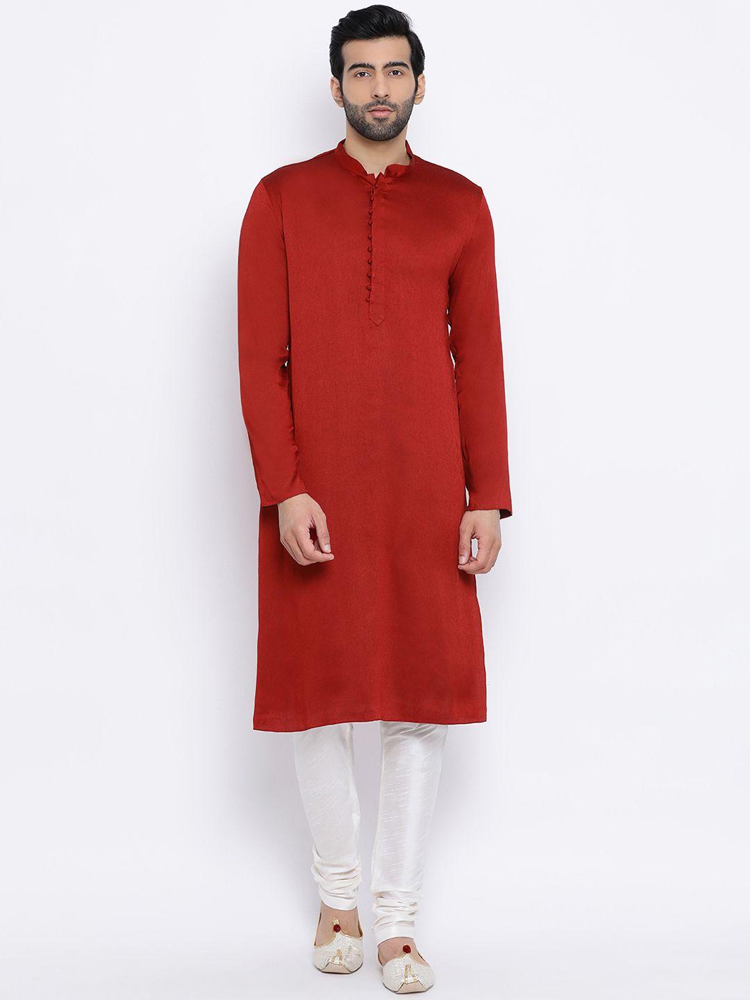 namaskar men maroon & off-white solid kurta with churidar