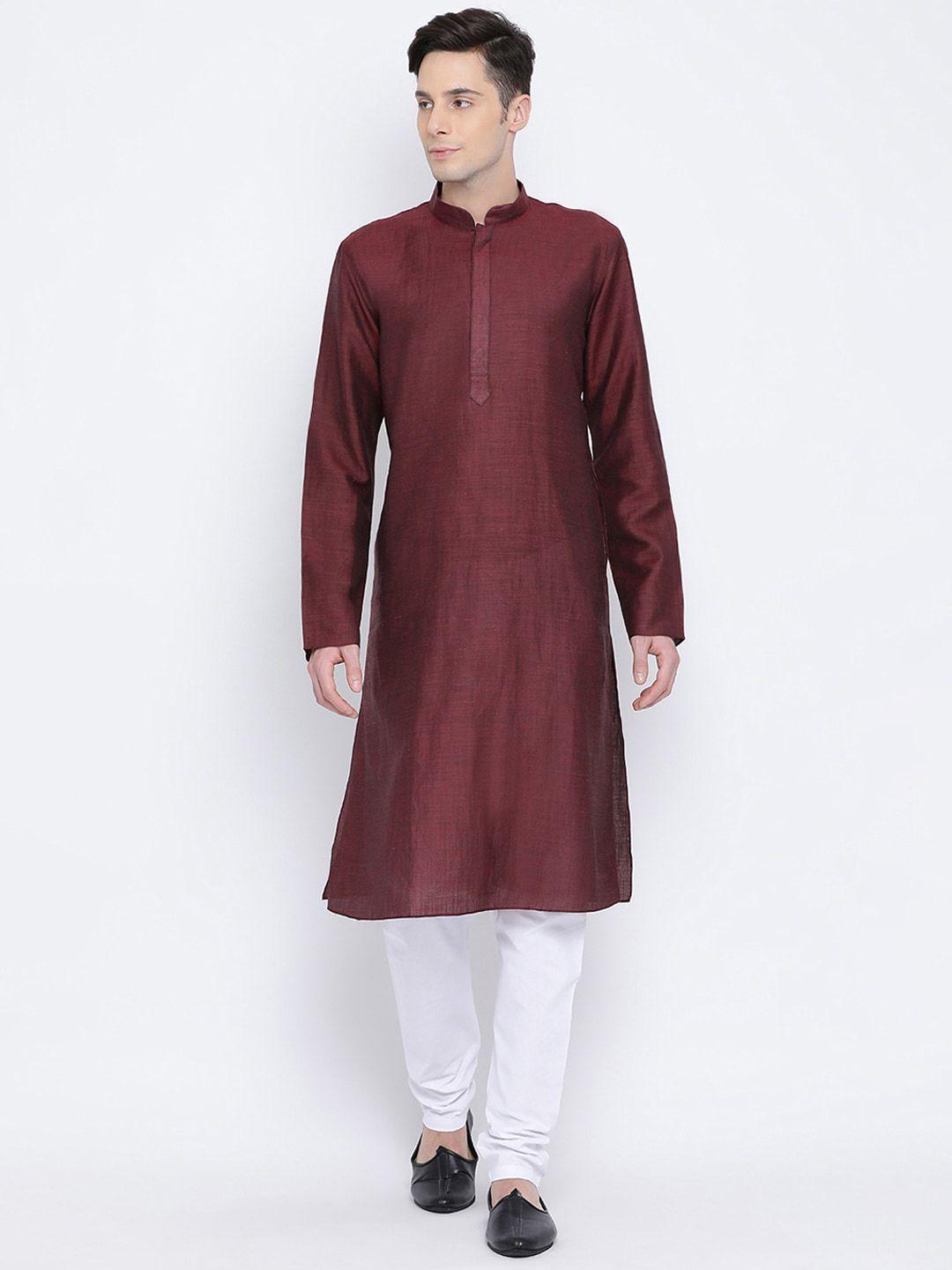 namaskar men maroon & white cotton solid kurta with churidar