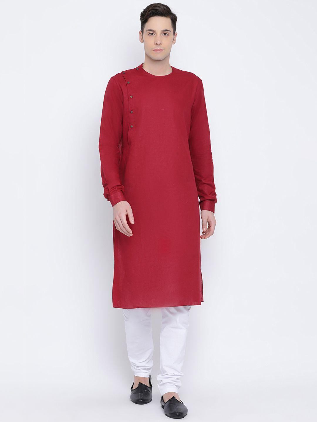 namaskar men maroon & white solid kurta with churidar