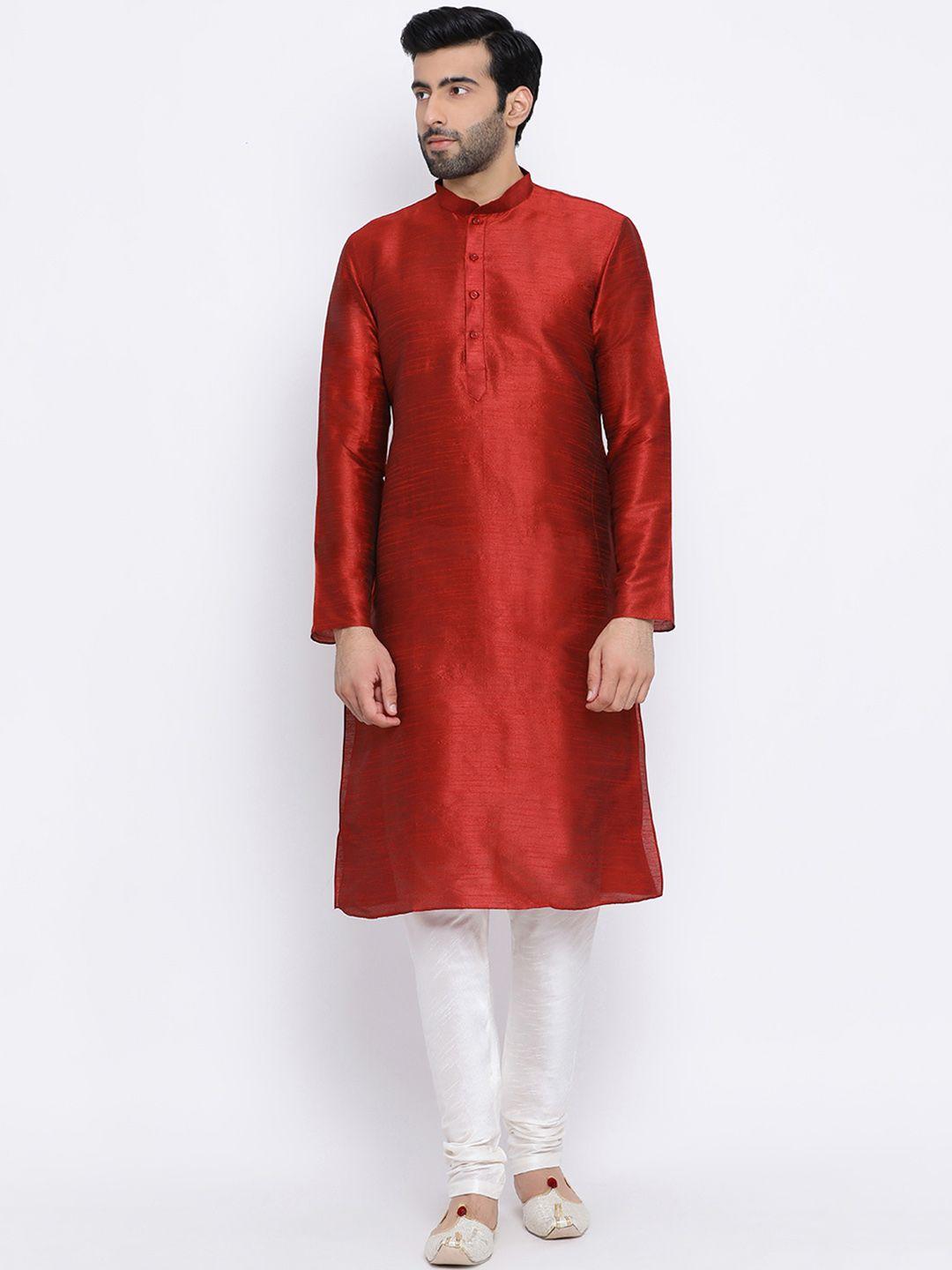 namaskar men maroon & white solid kurta with churidar