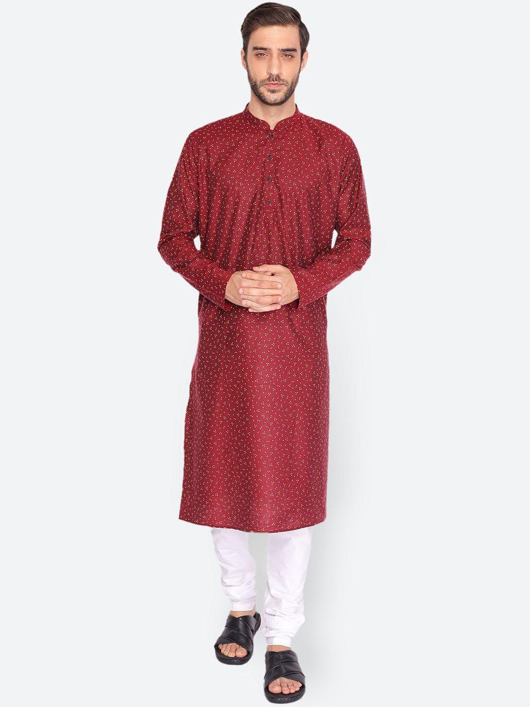 namaskar men maroon cotton blend printed kurta